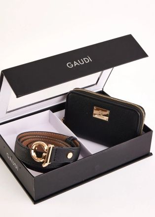 Women's gift set wallet and belt in black GAUDI (SKU) 12260.