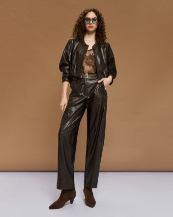 Кафяв кожен панталон с висока талия - елегантен стил ACCESS FASHION (SKU) 5132