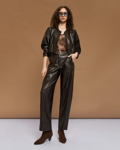 Кафяв кожен панталон с висока талия - елегантен стил ACCESS FASHION (SKU) 5132