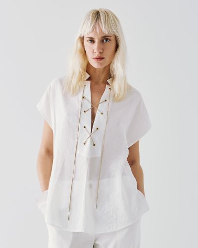 Women's blouse with short sleeves and V-neckline with laces ACCESS FASHION (SKU) 2124