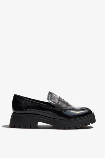Elegant black loafers with patent leather & gray textile and leather REGARDE LE CIEL (SKU)LETICIA02