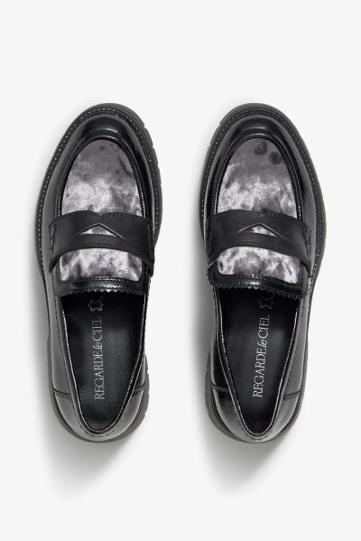 Elegant black loafers with patent leather & gray textile and leather REGARDE LE CIEL (SKU)LETICIA02