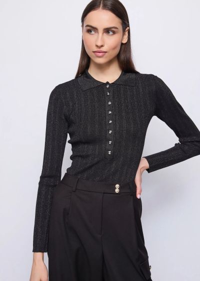 Black Fitted Blouse with Collar - Elegant and Stylish! GAUDI (SKU)521FD53034