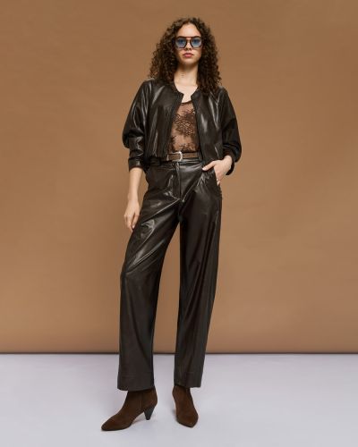 Кафяв кожен панталон с висока талия - елегантен стил ACCESS FASHION (SKU) 5132