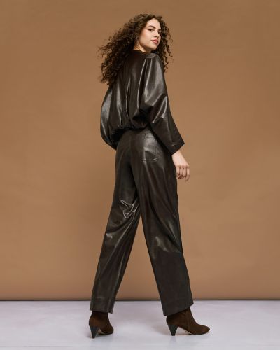 Кафяв кожен панталон с висока талия - елегантен стил ACCESS FASHION (SKU) 5132