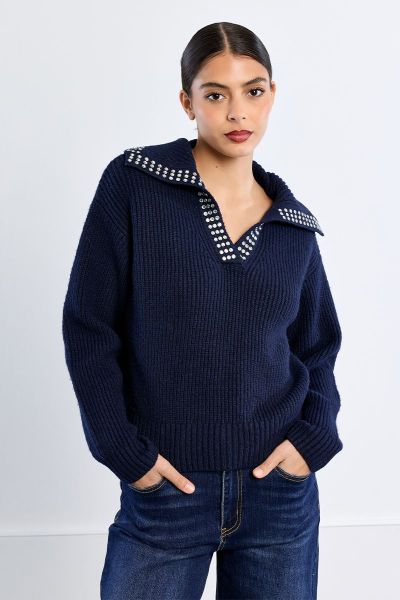 MOLLY BRACKEN Women's V-neck sweater with decorative stones (SKU) EL1169EN