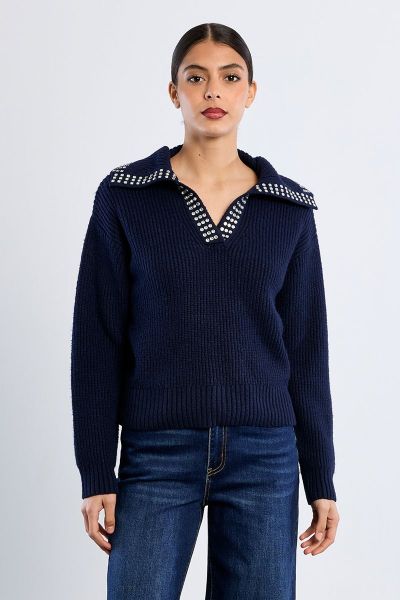 MOLLY BRACKEN Women's V-neck sweater with decorative stones (SKU) EL1169EN