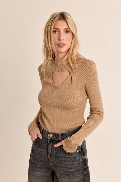 MOLLY BRACKEN Women's Fine, Stylish Ribbed Striped Knit Sweater with Neckline Cutout (SKU) EF1611EN
