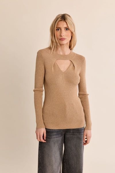 MOLLY BRACKEN Women's Fine, Stylish Ribbed Striped Knit Sweater with Neckline Cutout (SKU) EF1611EN
