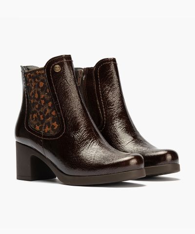 Women's casual heeled ankle boots: Dark brown with animal print. PITILLOS (SKU) 30504