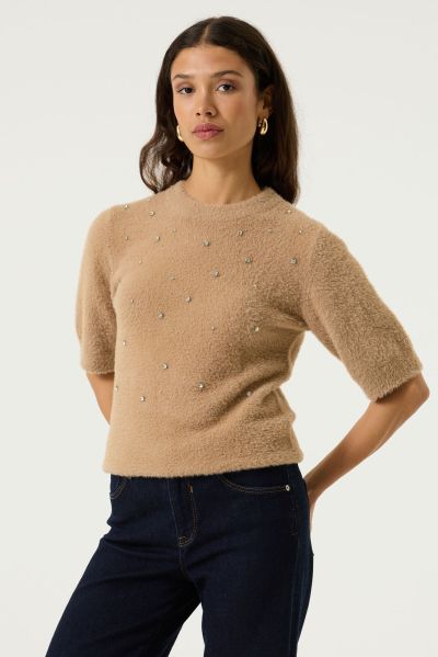 Women's short-sleeved sweater, light brown, with elegant stones – GARCIA (SKU) U260041