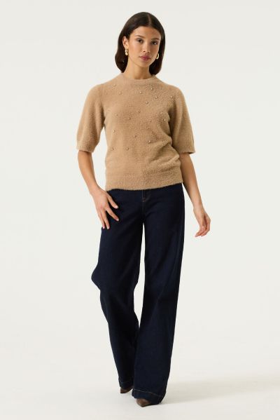 Women's short-sleeved sweater, light brown, with elegant stones – GARCIA (SKU) U260041
