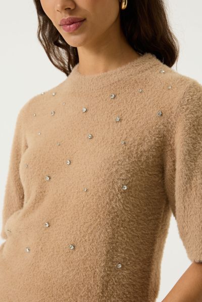 Women's short-sleeved sweater, light brown, with elegant stones – GARCIA (SKU) U260041