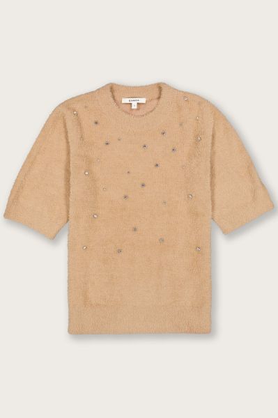 Women's short-sleeved sweater, light brown, with elegant stones – GARCIA (SKU) U260041