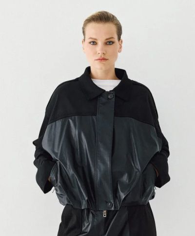 Women’s Black Bomber Jacket, Mixed-Material Design – Stylish and Comfortable for Any Occasion! ACCESS FASHION (SKU) 1003