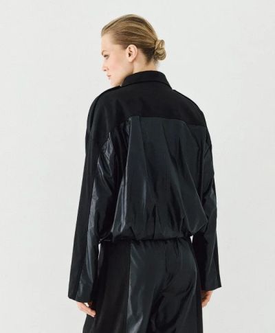 Women’s Black Bomber Jacket, Mixed-Material Design – Stylish and Comfortable for Any Occasion! ACCESS FASHION (SKU) 1003