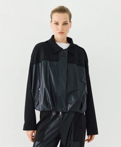Women’s Black Bomber Jacket, Mixed-Material Design – Stylish and Comfortable for Any Occasion! ACCESS FASHION (SKU) 1003