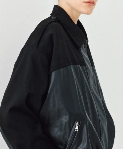 Women’s Black Bomber Jacket, Mixed-Material Design – Stylish and Comfortable for Any Occasion! ACCESS FASHION (SKU) 1003